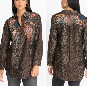 Johnny Was Workshop Shuri Leopard Print Oversized Embroidered Boho Tunic Top M